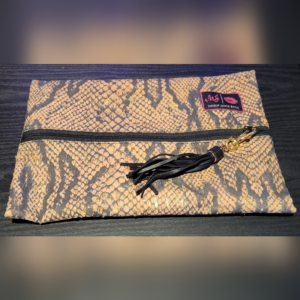 Makeup Junkie Makeup Bag - Gold, Black, and Metallic Gold Snakeskin Print